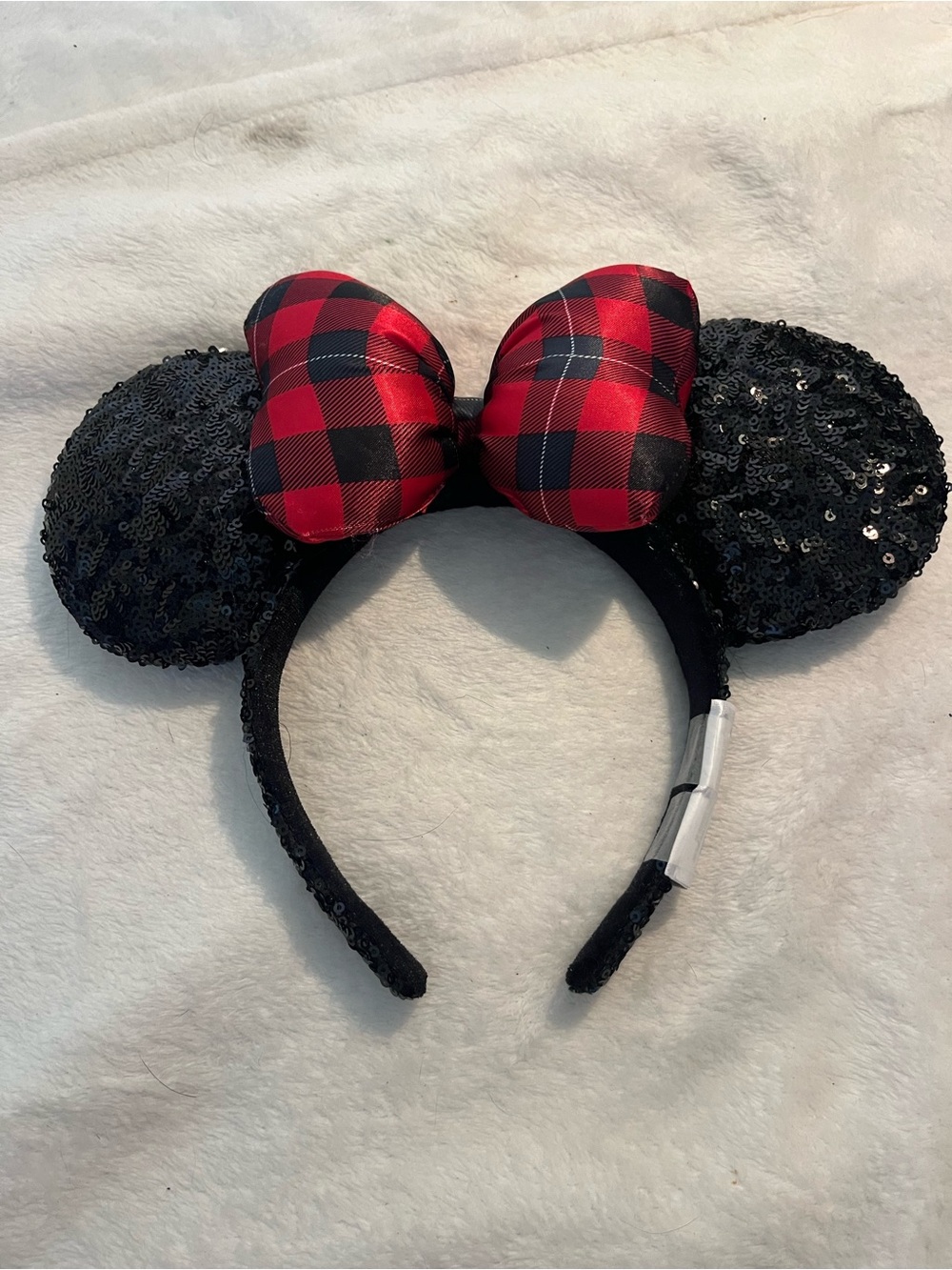 Disney Black Sequin Minnie Ears Headband with Red Buffalo Plaid Bow